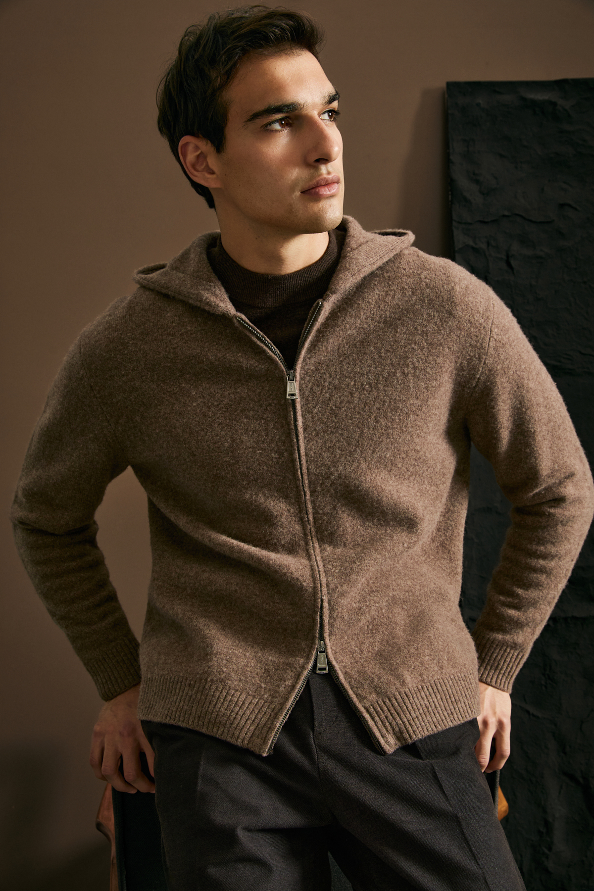 Diego Kapuzen-Strickjacke aus Baumwollmischung mit Reißverschluss Beige - LUFIAN