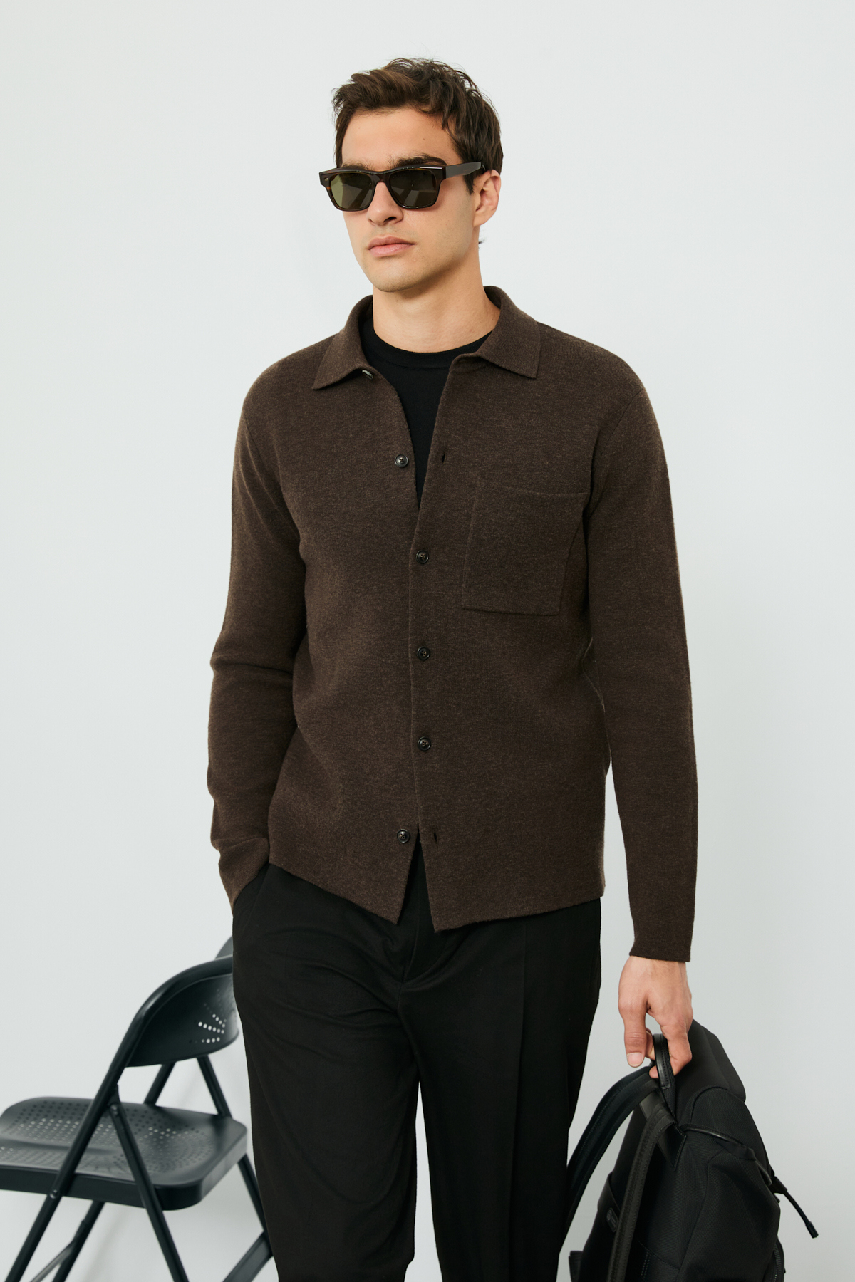 Liber Strickjacke aus Wollmischung mit geknöpftem Polokragen Braun - LUFIAN